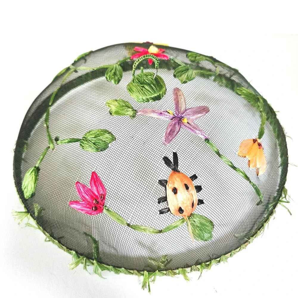 Vtg Mesh Food Cover Embroidered Raffia Ladybug Butterfly Floral Cottagecore